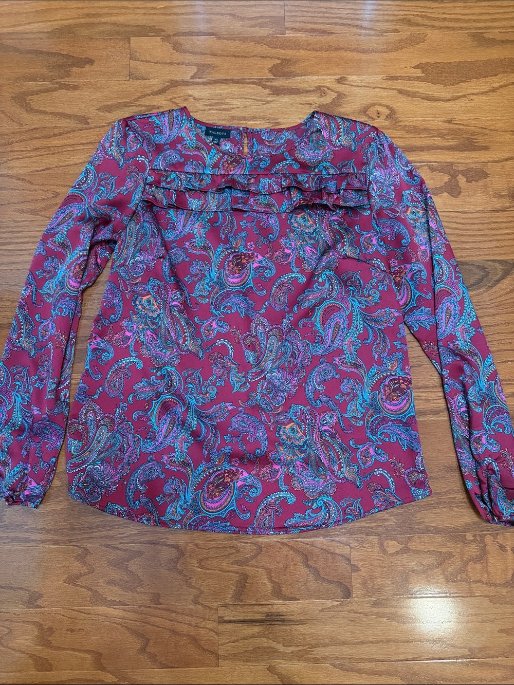 Talbots Burgundy Teal Paisley Ruffle-Trim Blouse